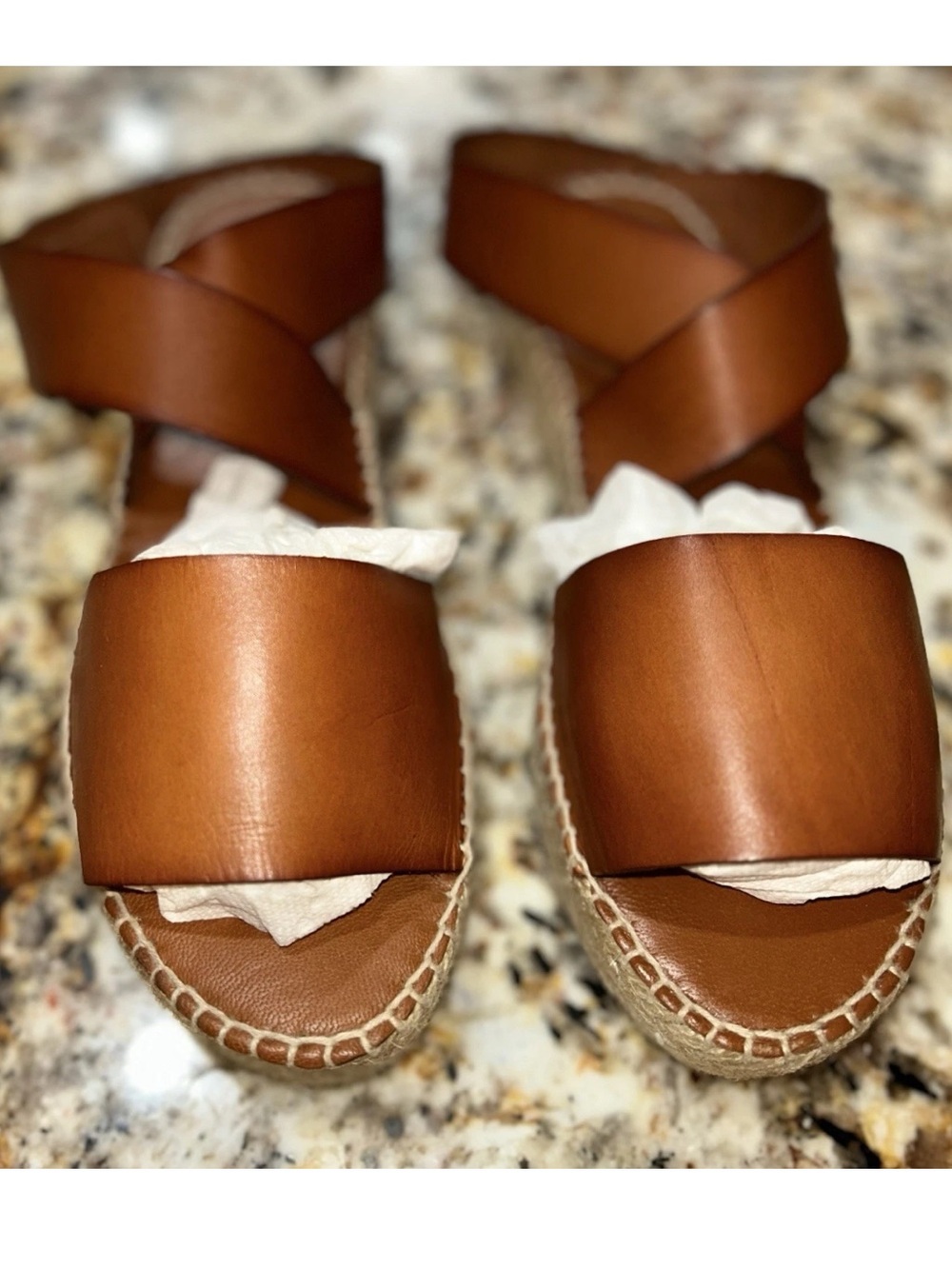 Bettye Muller Seven Cognac Leather Ankle Strap Platform Espadrille Sandals 7.5